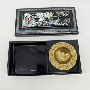 Vintage black lacquer smoking box intricate mother-of-pearl inlay brass Ashtray